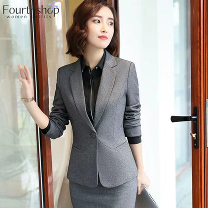 Two Piece Set Women Business Suits Black and Grey Elegant Office Lady Work Formal Pants Suits Female Autumn Winter Clothes 2023