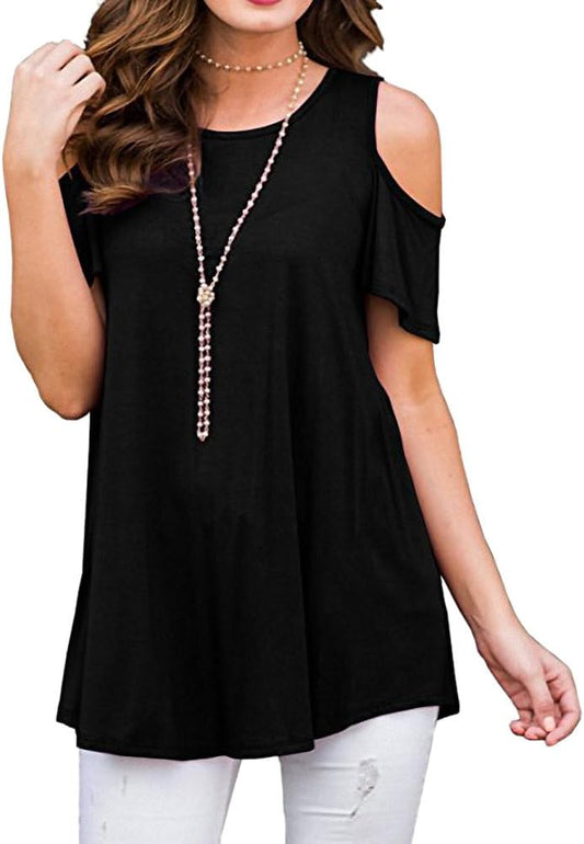 Women'S Cold Shoulder Tops Short Sleeve T-Shirt Swing Tunic Blouse