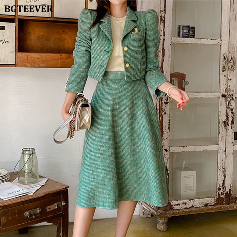 Vintage Ladies 2 Pieces Skirt Suits Short Jackets & High Waist A-Line Midi Skirts 2021 Autumn Elegant Women Suits
