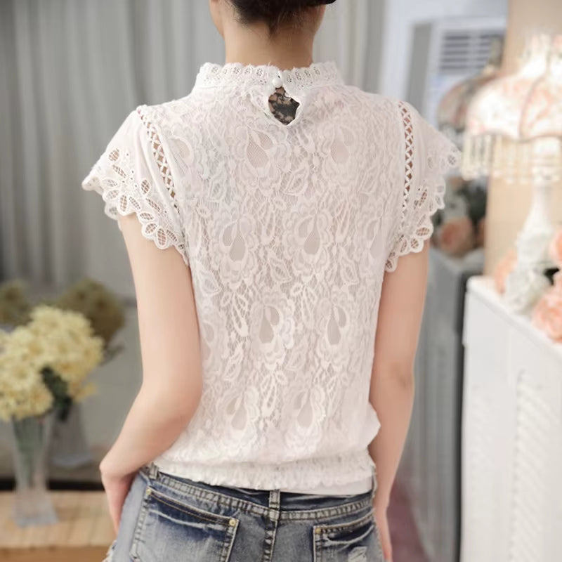 Ladies White Lace Blouse Short Sleeve Stand Collar Women Tops Elegant Patchwork Crochet Women Shirt plus Size Blusas Mujer 01C