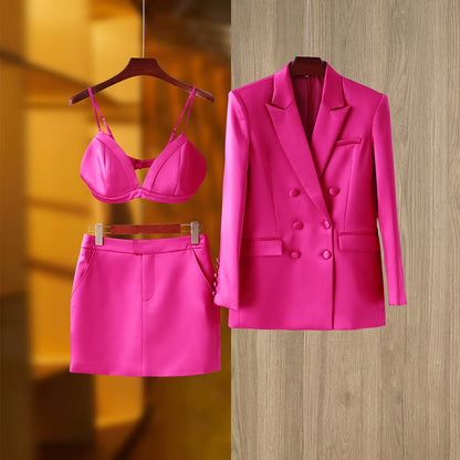 Smooth Satin Fabric Fusicha 3PCS Blazer Suit Fashion Elegant Street Mini Skirt Women Quality Clothing
