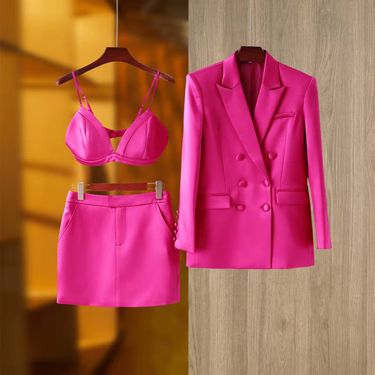 Smooth Satin Fabric Fusicha 3PCS Blazer Suit Fashion Elegant Street Mini Skirt Women Quality Clothing