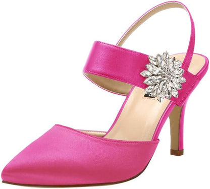 Mid Heel Shoes for Women Pointed Toe Slingback Rhinestone Brooch Satin Dress Pumps Evening Prom Wedding Shoes