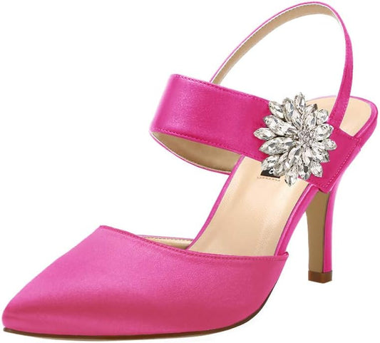 Mid Heel Shoes for Women Pointed Toe Slingback Rhinestone Brooch Satin Dress Pumps Evening Prom Wedding Shoes