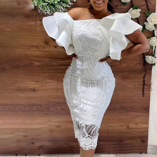 2024 Summer Fashion Midi Dress Elegant Evening Party White Dresses for Women Classy Prom High-Waist Lace Ruffle Female Clothing