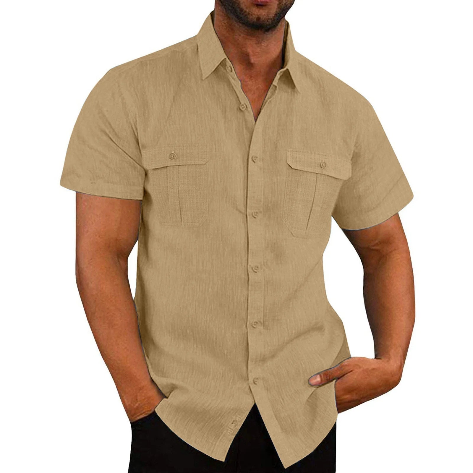 Mens Short Sleeve Classic Shirts Fishing Casual Regular-Fit Button-Up Collared Plaid Double Pocket Dress Shirt Top Tees Blouses Men Short Sleeve Shirts Button up Clearance Beach Wedding Shirt M-5XL