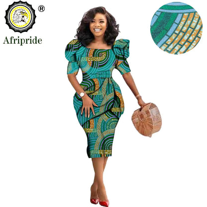 African Ankara Dresses for Women Dashiki Dress Bodycon Dress Print Wax Batik Short Sleeve Party Midi Dress for Lady S2025060
