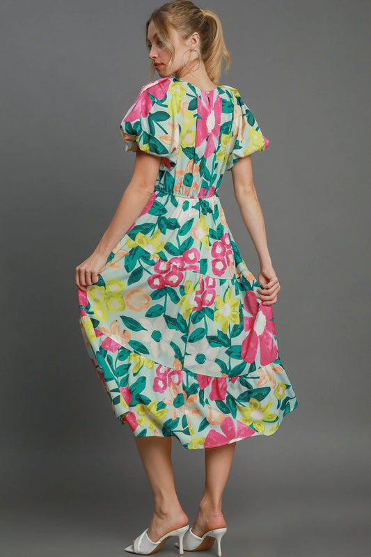 Umgee Full Size Tiered Floral Print Notched Puff Sleeve Midi Dress plus Size