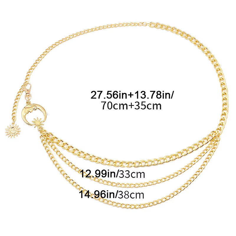 1Pc Women Waist Chain Belt for Dress Skirt Belts with Moon Star Waistbands Gold Silver Ladies Clothing Accessories