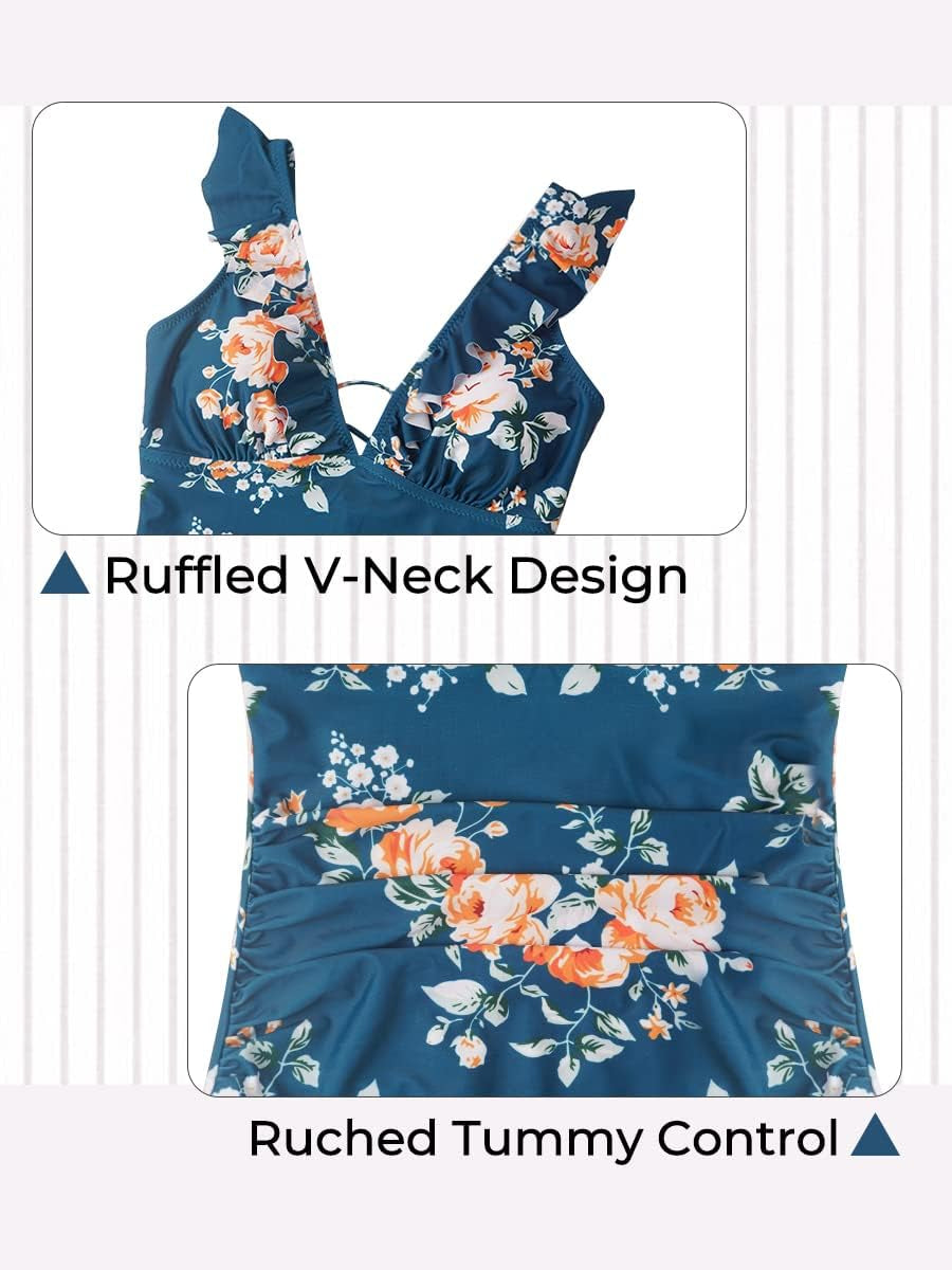 Women'S V-Neck One Piece Swimsuit Tummy Control Swimwear Cross Back Bathing Suit Deep Blue Flower X-Large