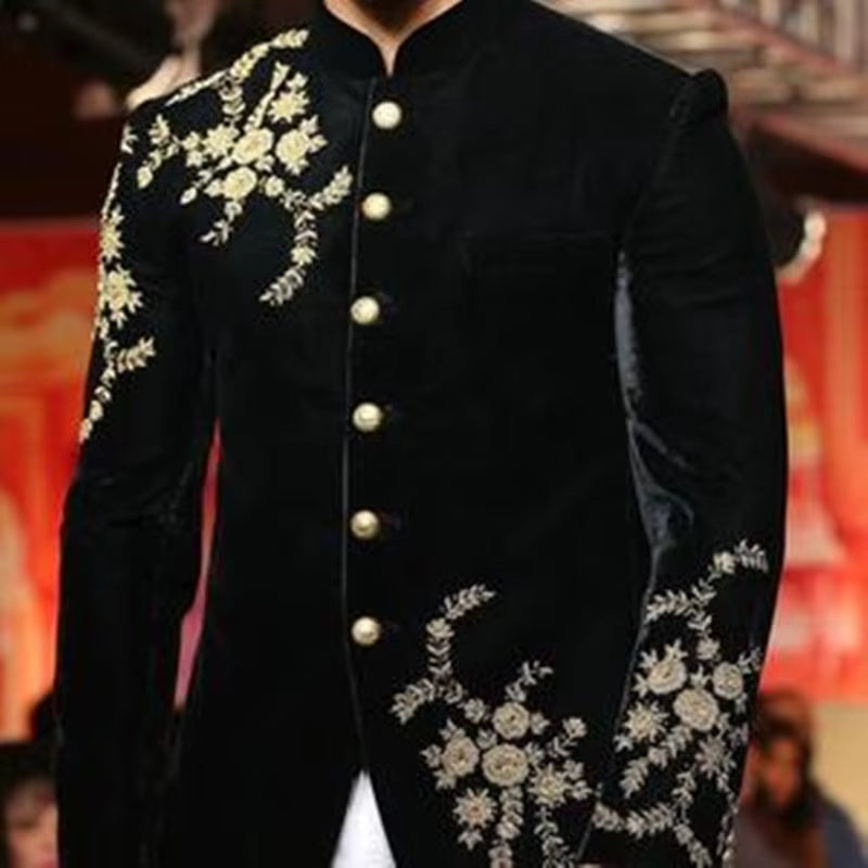 Black Men Suit Luxury Gold Applique Beads Single-Breasted Men Suit Tailored Suit Fit Slim Formal Men Coat Custom Made