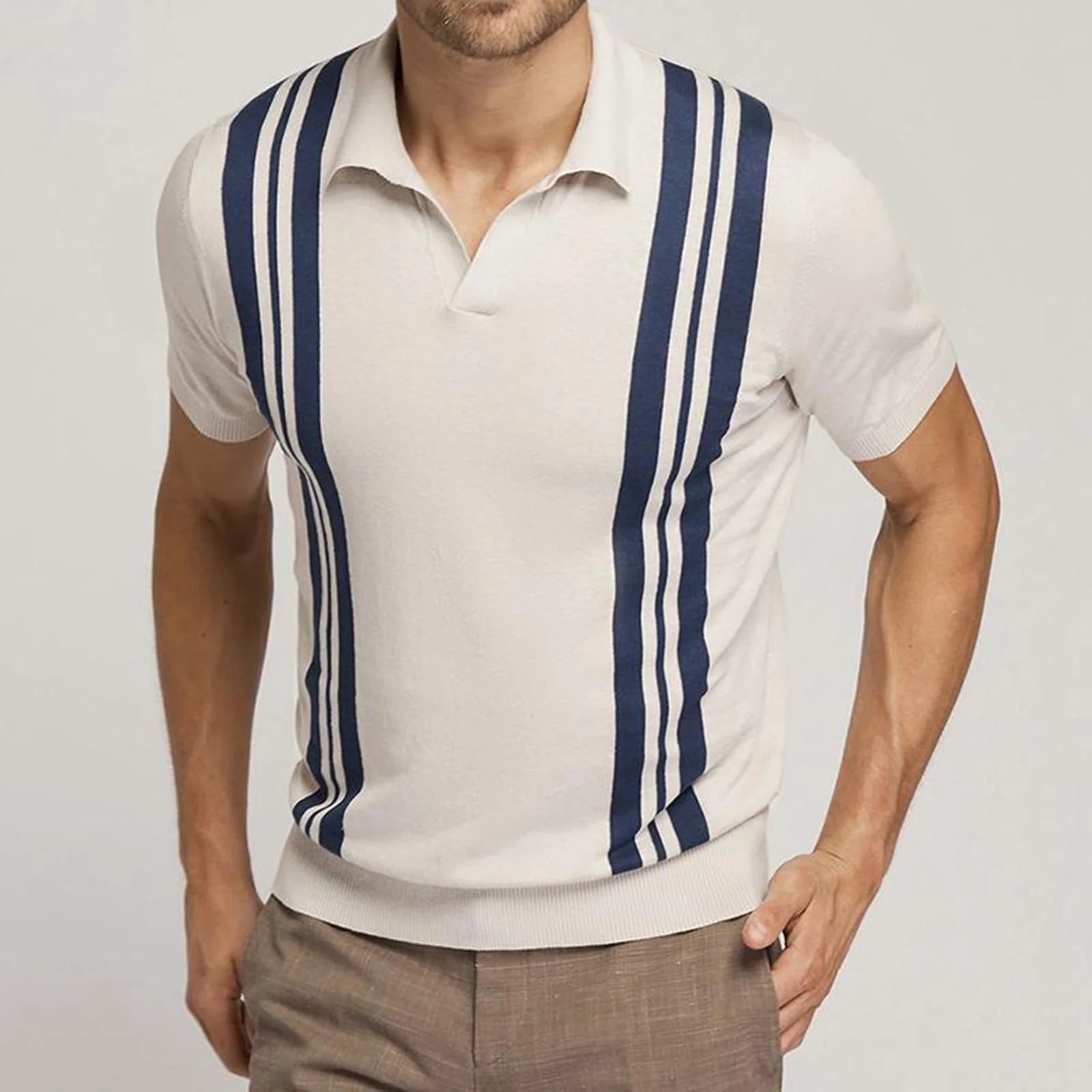 Men'S Short Sleeve Shirt Knit Striped Lapel Shirt Tops