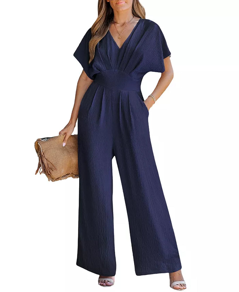 Women'S V-Neck Short Sleeve Straight Leg Jumpsuit
