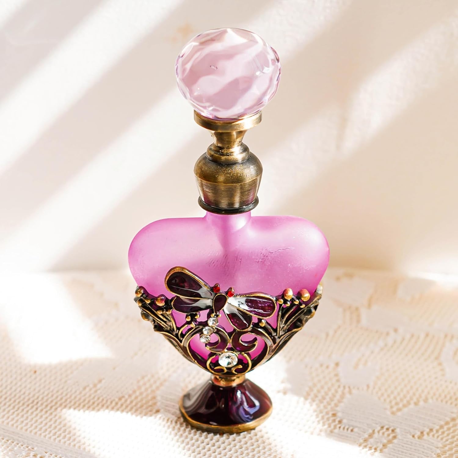 Vintage Dragonfly Pewter and Glass Perfume Bottle with Diamand, Empty Refillable Mini Perfume Bottle
