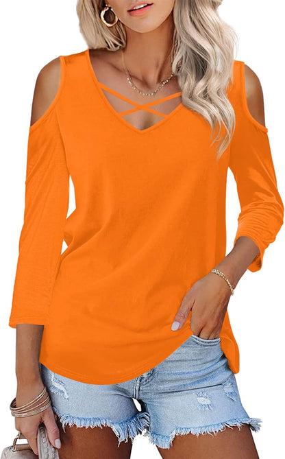 Womens Summer Shirts 3/4 Long Sleeve V Neck Criss Cross Cold Shoulder Tops Blouse