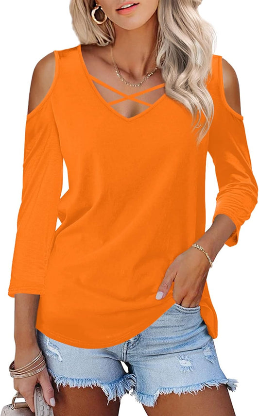 Womens Summer Shirts 3/4 Long Sleeve V Neck Criss Cross Cold Shoulder Tops Blouse