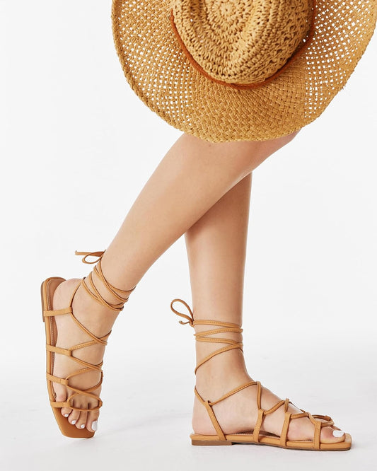 Womens Lace up Square Toes Flat Sandals with Ankle Strap Summer Criss-Cross Gladiator Shoes