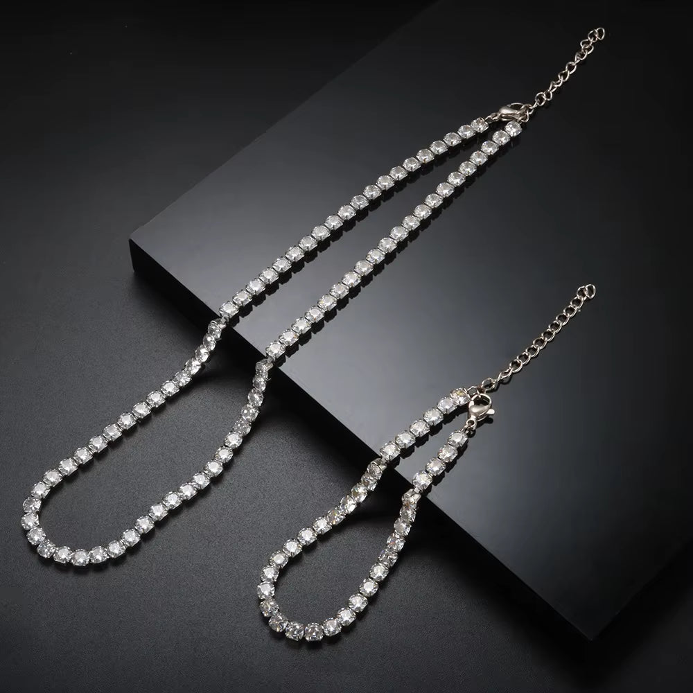 Fashion High Quality Stainless Steel Cubic Zirconia Collar Necklace Rhinestone Bracelet Woman Trendy Jewelry Set Gift Wholesale
