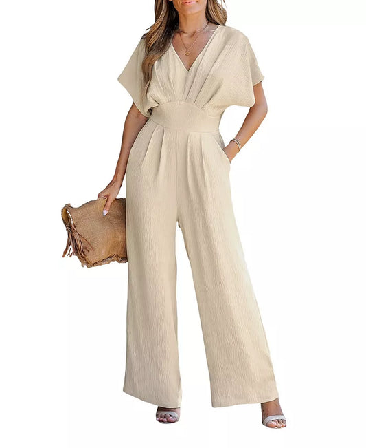 Women'S V-Neck Short Sleeve Straight Leg Jumpsuit