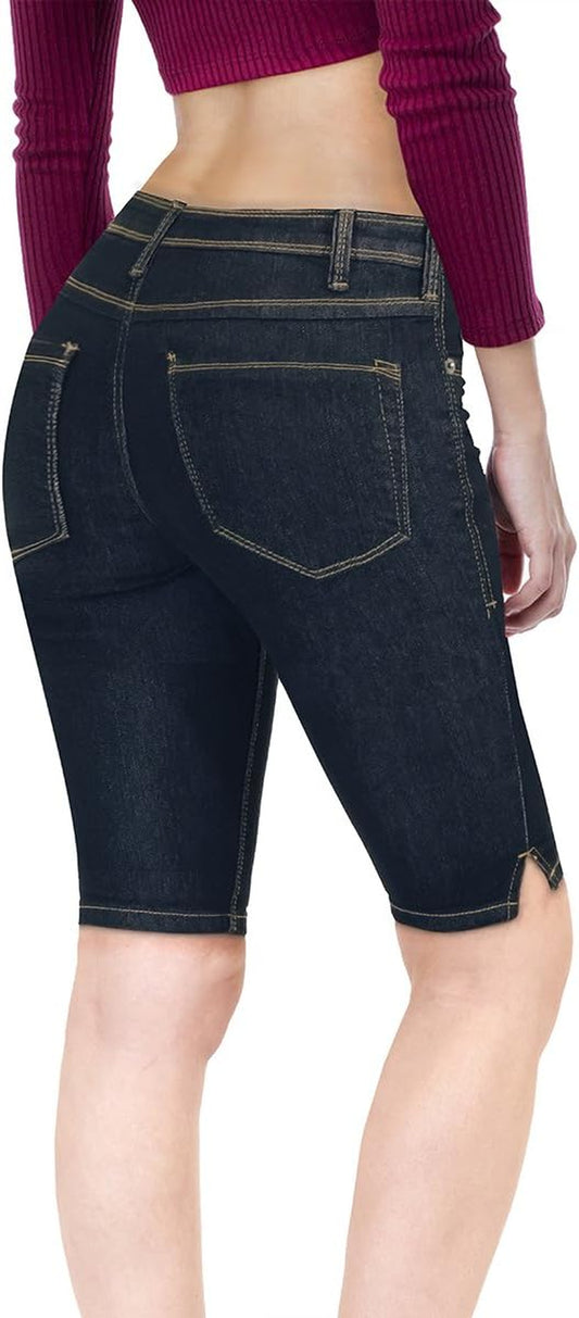 Womens Butt Lifting Mid Rise Denim Bermuda Shorts
