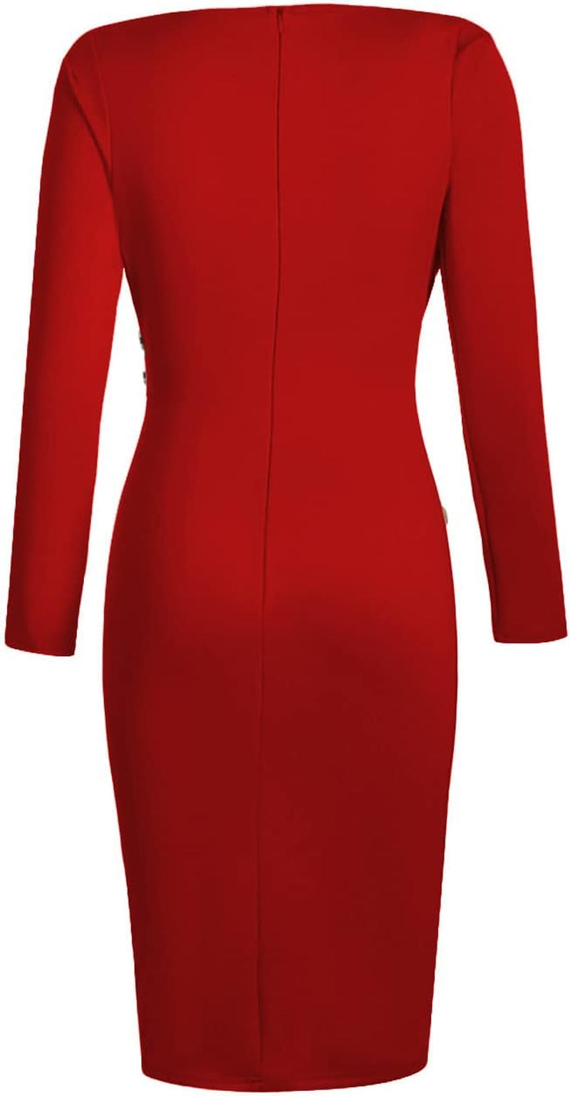 Women'S Deep V Neck Casual Work Bodycon Cocktail Party Pencil Midi Dress