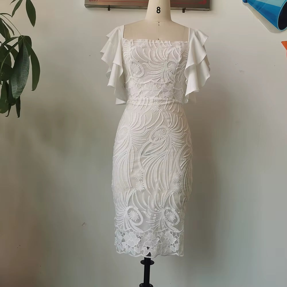 2024 Summer Fashion Midi Dress Elegant Evening Party White Dresses for Women Classy Prom High-Waist Lace Ruffle Female Clothing
