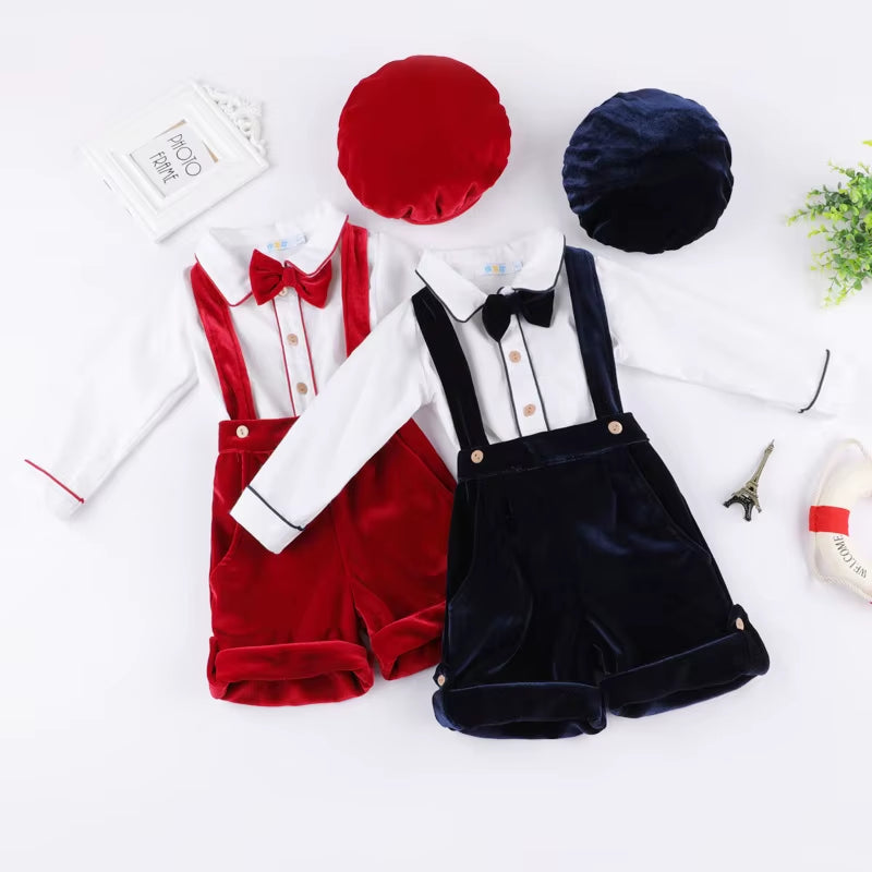 Newborn Clothes Suit Baby Boy Clothing Sets for Birthday Wedding Party Children Withe Blouse Velvet Pants 3Pcs Outfits with Hats