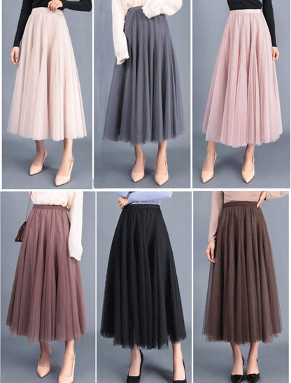 Tulle Skirts for Women Pleated Layered Tutu Skirt Ladies Elegant Flowy Long Skirts Bridesmaid Wedding Midi Skirt