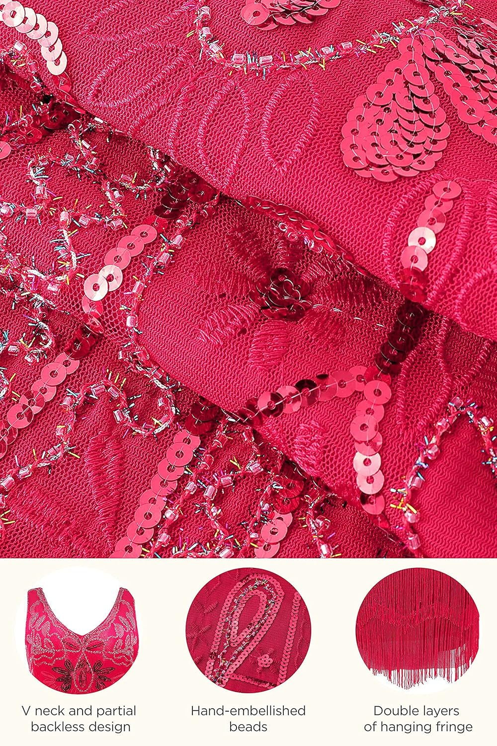 Women'S Flapper Dresses 1920S V Neck Beaded Fringed Great Gatsby Dress Rose Red