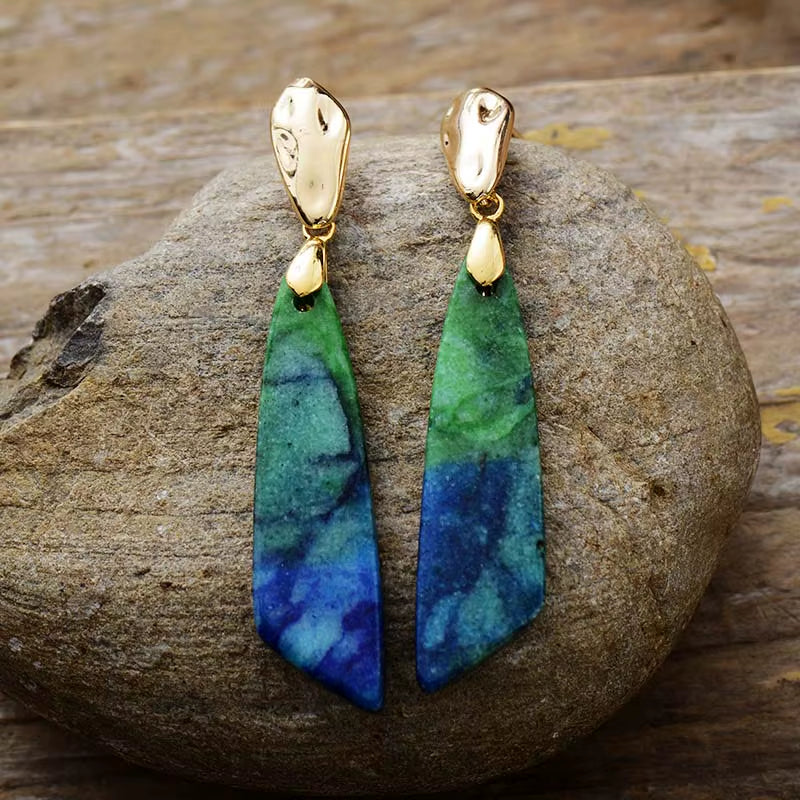 Trending Gold Plated Long Natural Stones Statement Stud Earrings Designer Femme Jewelry Bijoux Wholesale Dropshipping