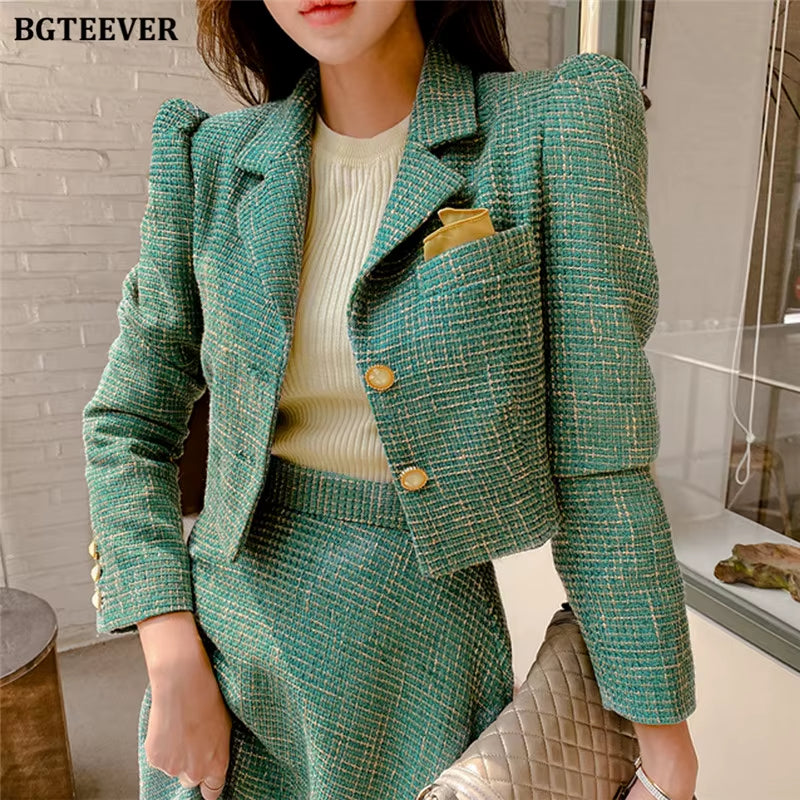 Vintage Ladies 2 Pieces Skirt Suits Short Jackets & High Waist A-Line Midi Skirts 2021 Autumn Elegant Women Suits