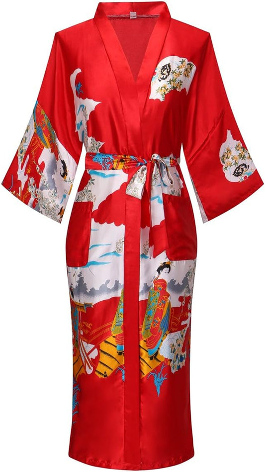 Women Long Silky Bathrobe Satin Kimono Robe Floral Printed Dressing Gown Sleepwear