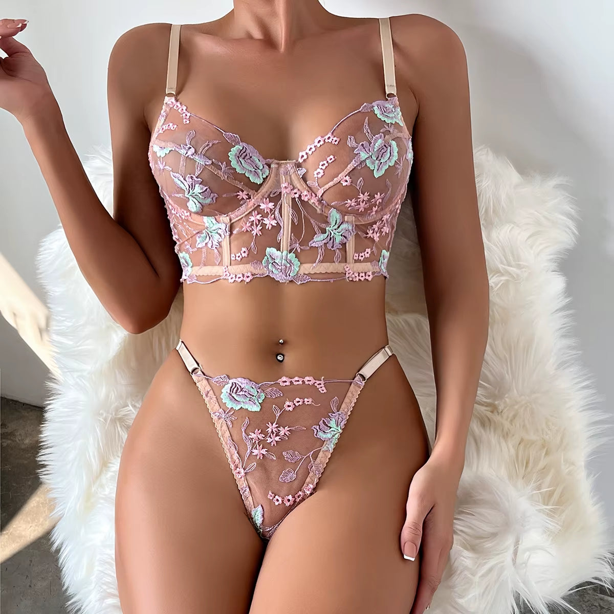 Floral Embroidery Lingerie Set Women Boho Intimates Sensual Sexy 2-Piece Bra + Panty Underwear Set
