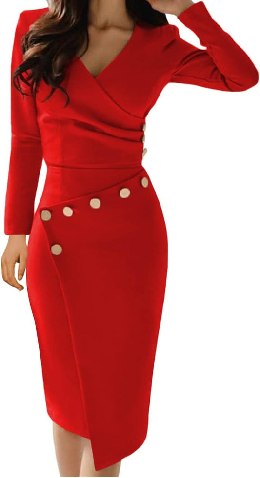 Women'S Deep V Neck Casual Work Bodycon Cocktail Party Pencil Midi Dress