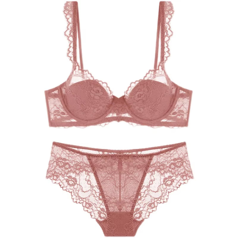 Floral Pink Lace Underwear Women Bra Set plus Size Ultra Thin Underwire Push up Bras and Panties Female Sexy Lingerie a B C D E