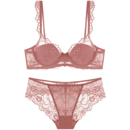 Floral Pink Lace Underwear Women Bra Set plus Size Ultra Thin Underwire Push up Bras and Panties Female Sexy Lingerie a B C D E