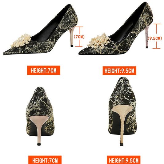 Shoes Pearl Flowers Woman Pumps Rhinestone High Heels 2025 New Luxurious Women Heels Stiletto Large Size Ladies Pumps