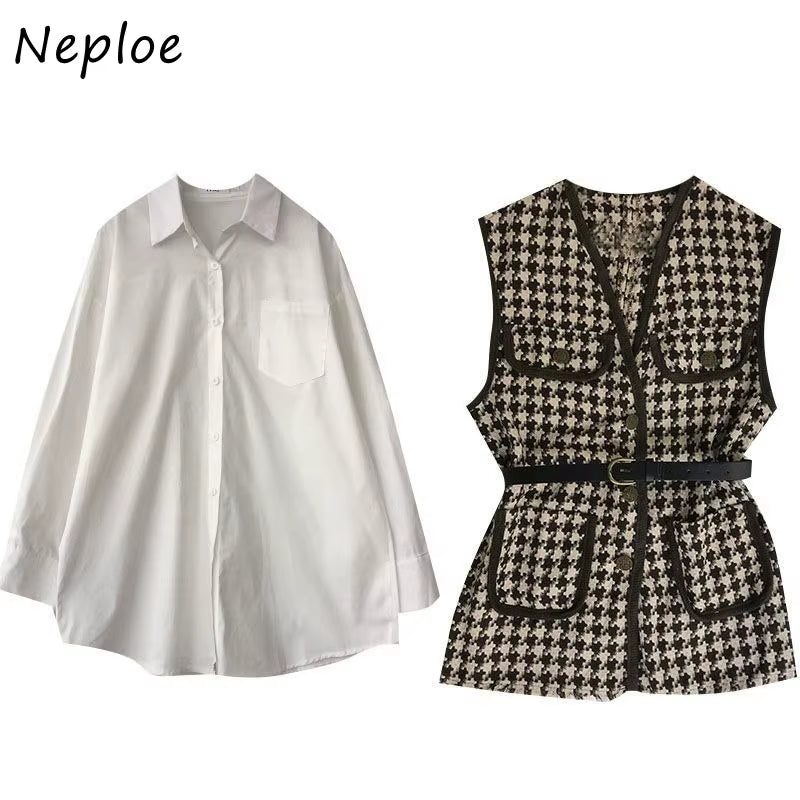 Small Fragrance Vintage 2 Pcs Women Set Turn down Collar Long Sleeve Shirt + V Neck Sleeveless Plaid Vest Spring Suit