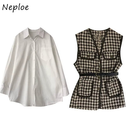 Small Fragrance Vintage 2 Pcs Women Set Turn down Collar Long Sleeve Shirt + V Neck Sleeveless Plaid Vest Spring Suit