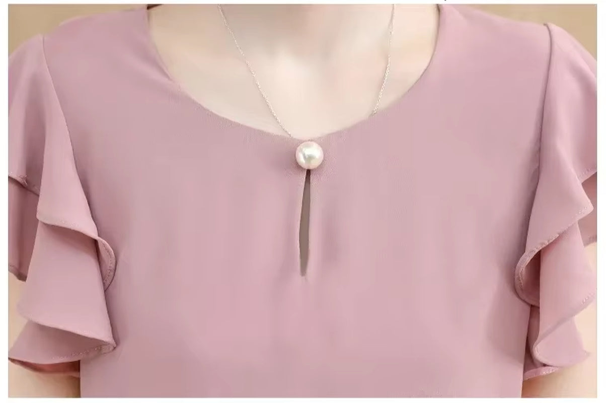 Summer Short Sleeve White Blouse Shirt Blouse Women 2025 O-Neck Chiffon Blouse Shirt Blouse Women Tops Blouses D198