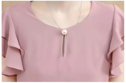 Summer Short Sleeve White Blouse Shirt Blouse Women 2025 O-Neck Chiffon Blouse Shirt Blouse Women Tops Blouses D198