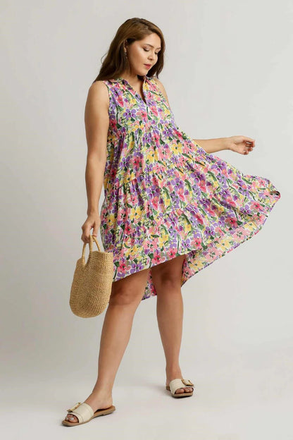 Umgee Full Size High-Low Hem Floral Sleeveless Tiered Dress plus Size