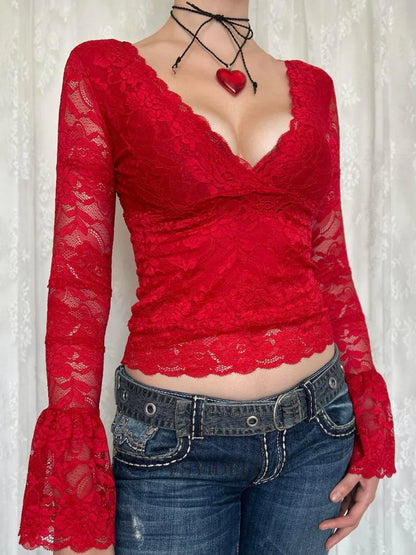 Lace Surplice Long Sleeve Blouse