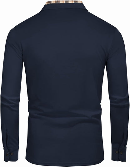 Men'S Casual Polo Shirt Long Sleeve Classic Plaid Button Tees with Pockets
