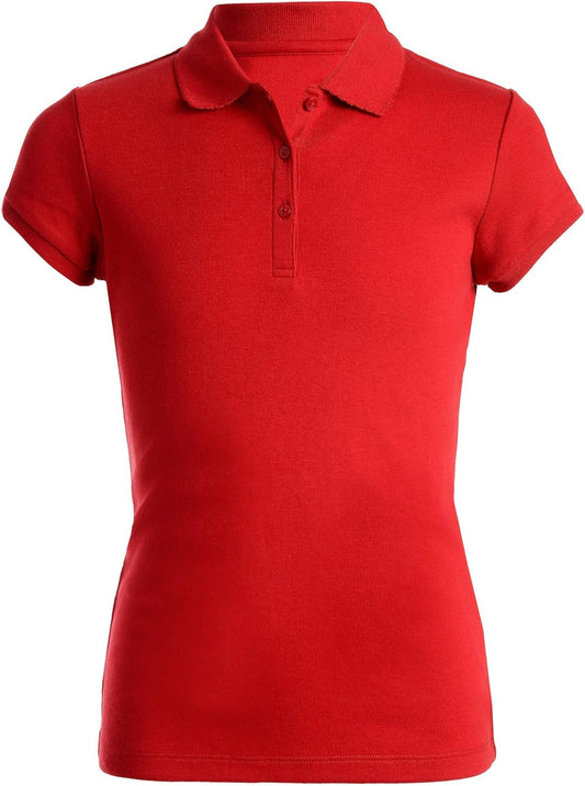 Girls' School Uniform Short Sleeve Polo Shirt, Button Closure, Soft Pique Fabric