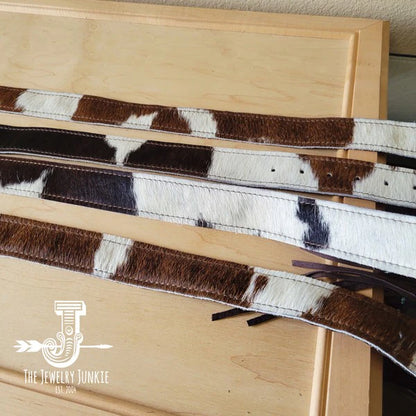 Hair-On-Hide Brown & White Leather Belt W/ Fringe