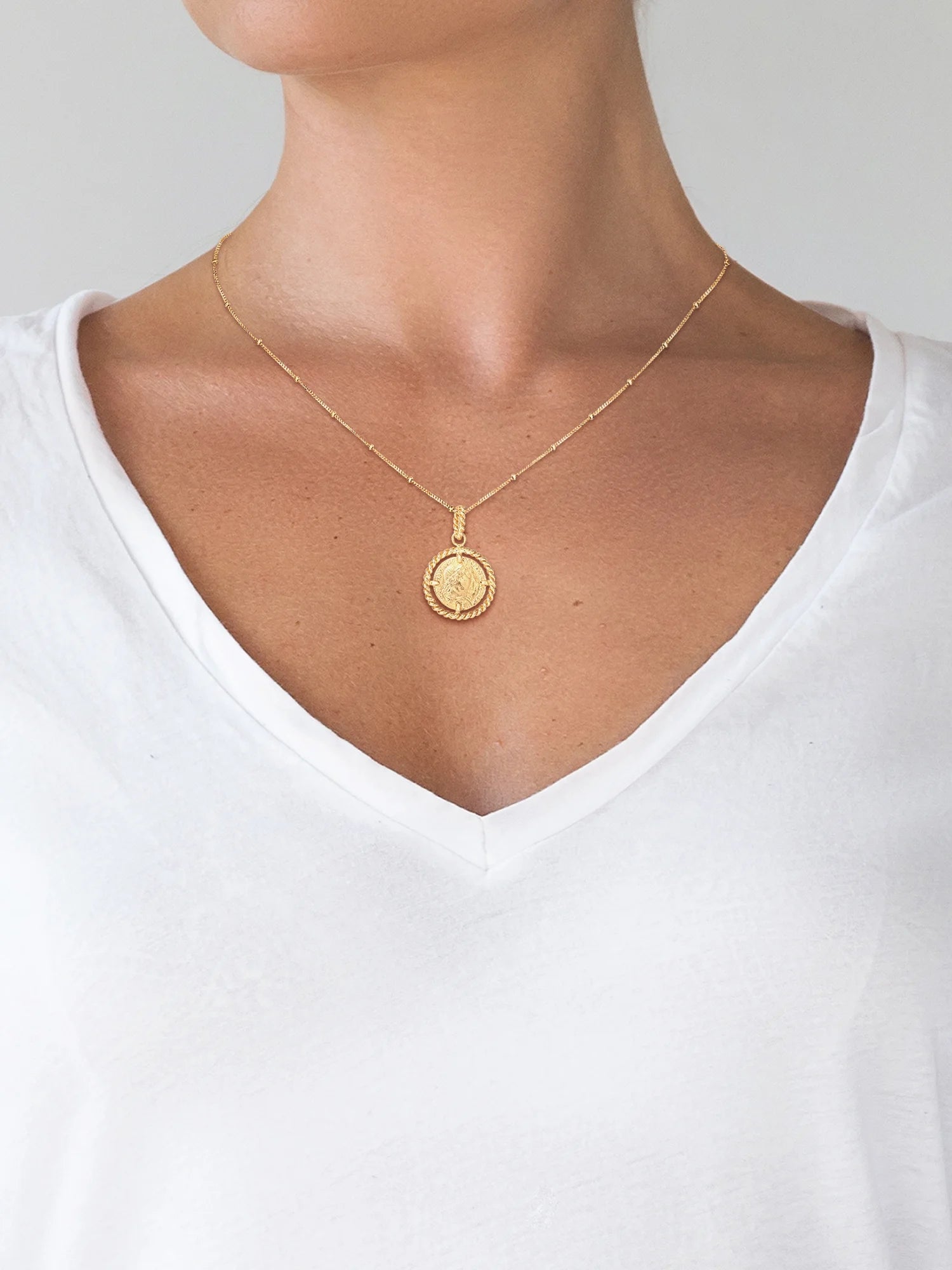 Women’S Gold Plated Sterling Silver Coin Pendant, 18” Beaded Chain