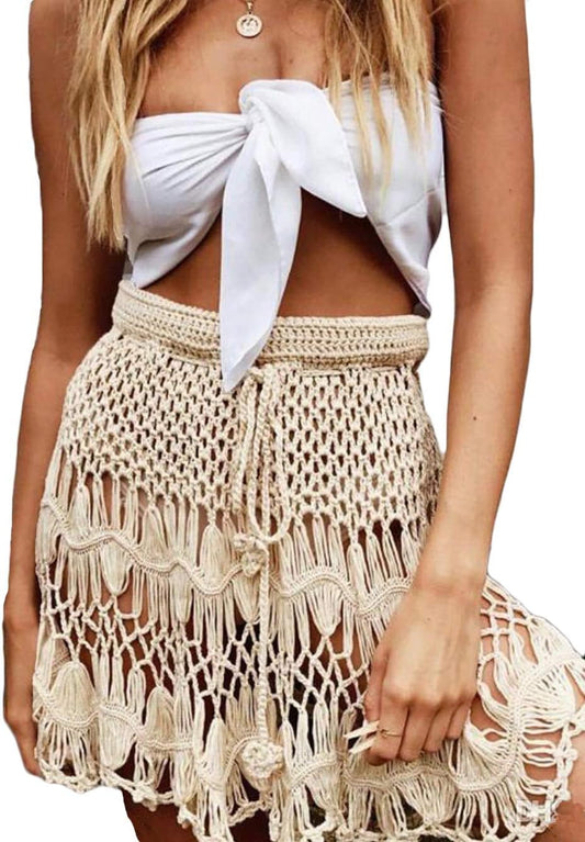 Crochet Cover up Skirt, See through Sexy Cover Ups for Swimwear Women, Net High Waist Coverup Beige Large