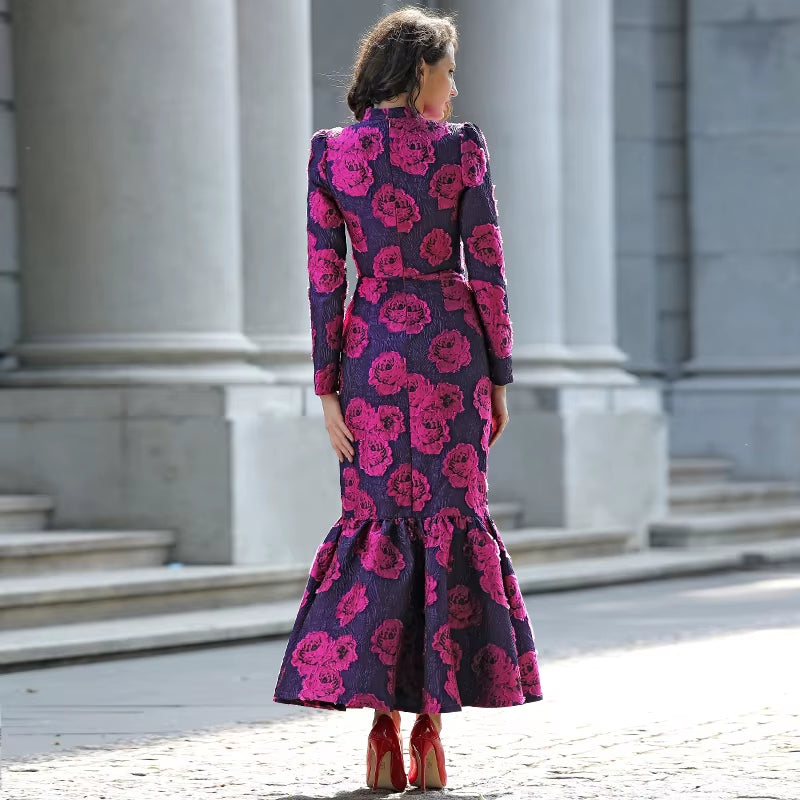 Elegant Brocade Women Long Mermaid Dress Vintage Flower Slim Clothing Stand Collar Party Dresses Robe Femme Vestido