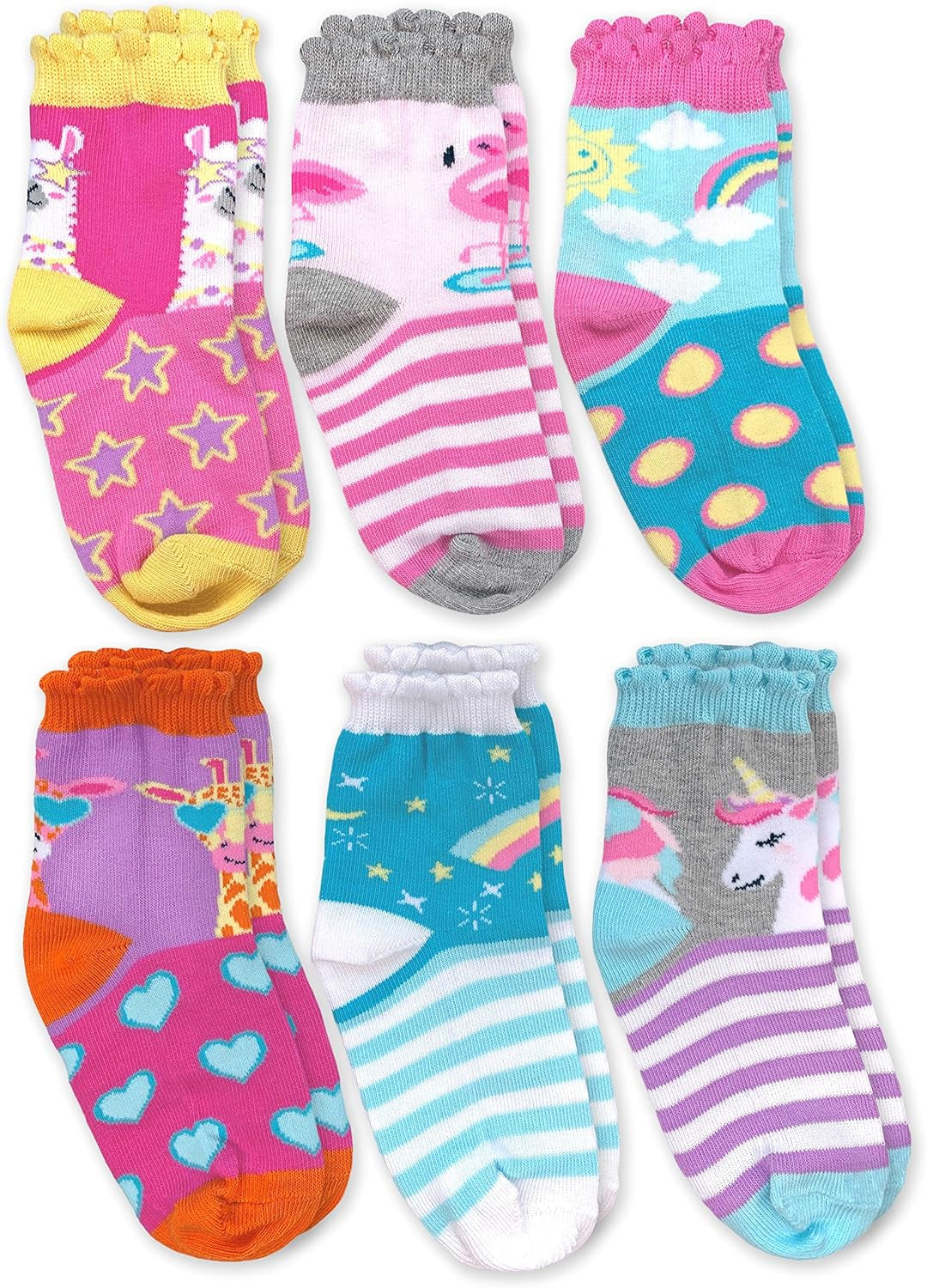 Girl'S Unicorn Llama Giraffe Flamingo Novelty Pattern Crew Socks 6 Pack